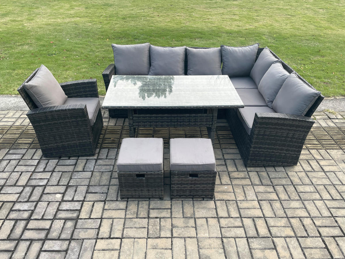 LOUNGEGARNITUR mit Couchtisch Sofa,2 Hocker Polyrattan Dunkelgrau 9-Sitzer - Dunkelgrau/Grau, Glas/Kunststoff - Fimous
