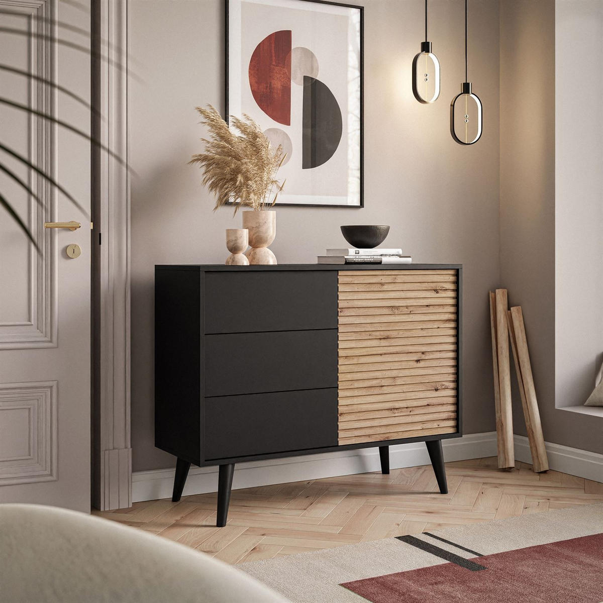 KOMMODE CONE KSZ104 - Eichefarben/Schwarz, Holzwerkstoff (104/83/39cm) - Lookway
