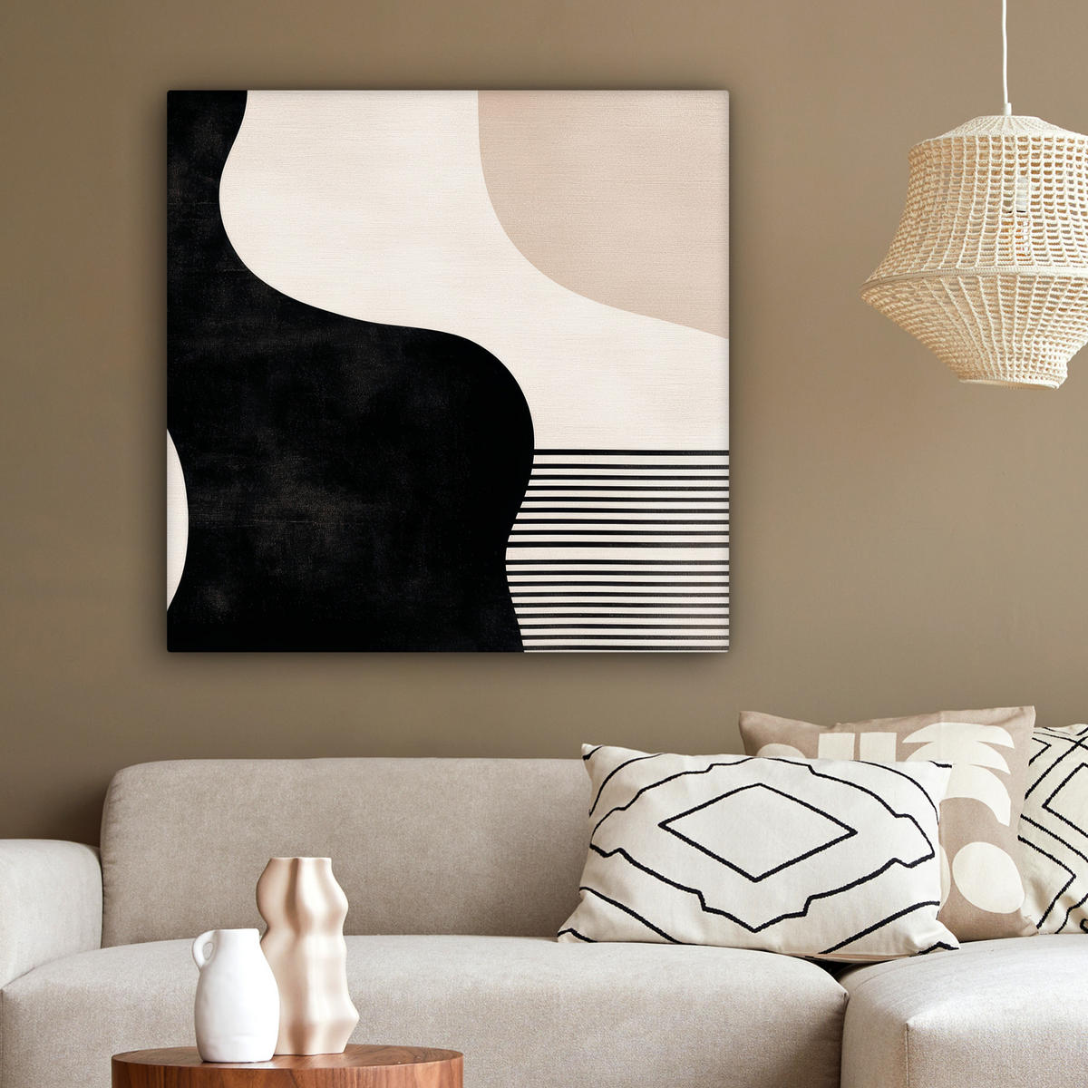 LEINWANDBILD Abstrakt - Japandi - Beige - Modern 90x90 cm - Schwarz, Textil (90/90cm) - MuchoWow