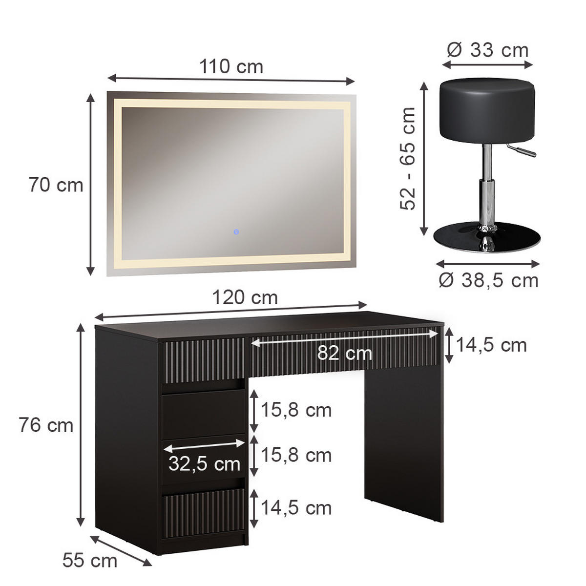 SCHMINKTISCH Omira Schwarz 120 cm mit LED-Spiegel und Hocker - Schwarz, Holzwerkstoff (120/76/55cm) - Vicco