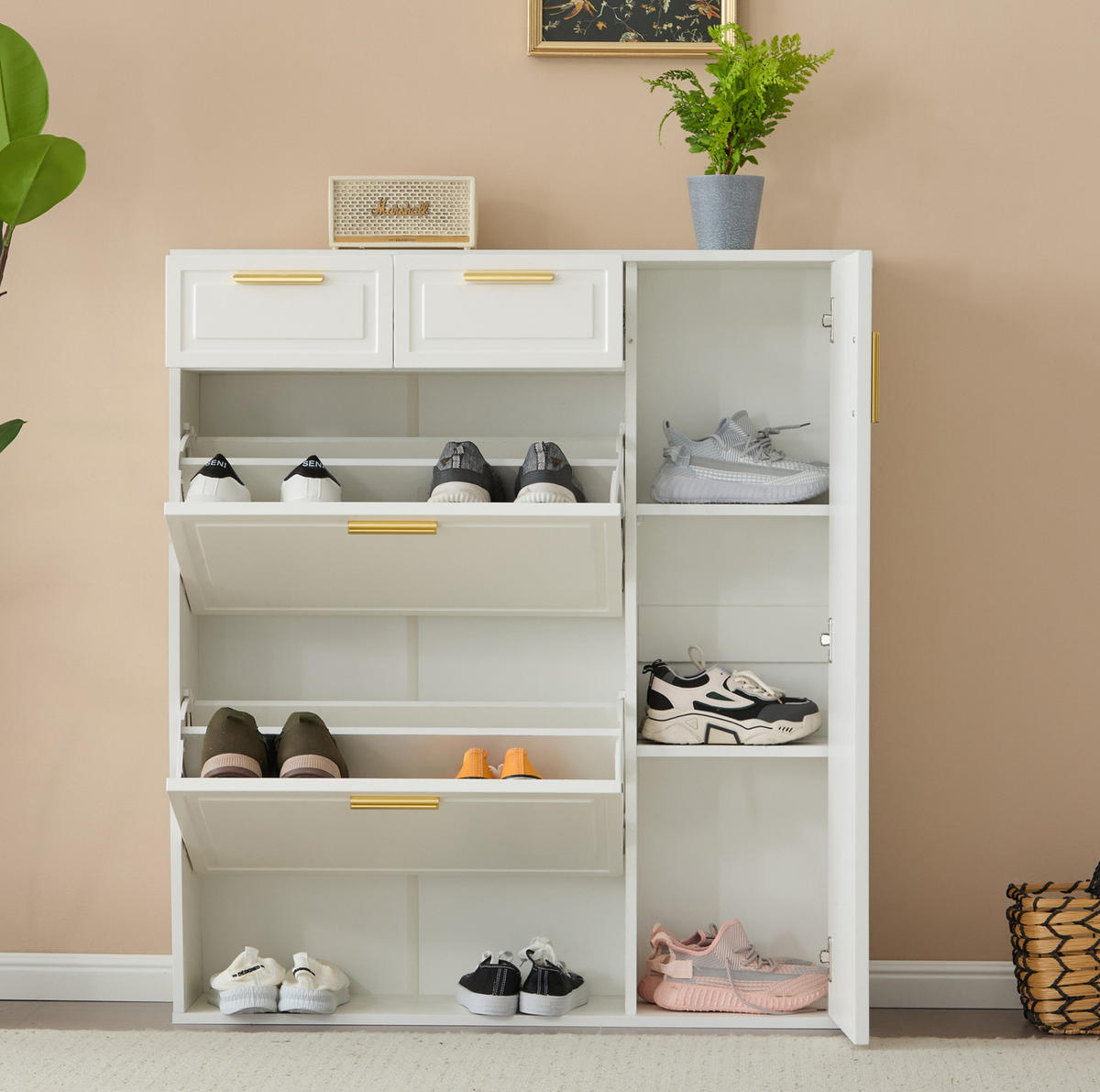 SCHUHSCHRANK 95/24/107,5 cm mit verstellbaren Einlegeböden, Schubladen und offenen Fächern, Weiß - Weiß, Holzwerkstoff (95/107/24cm) - Redom