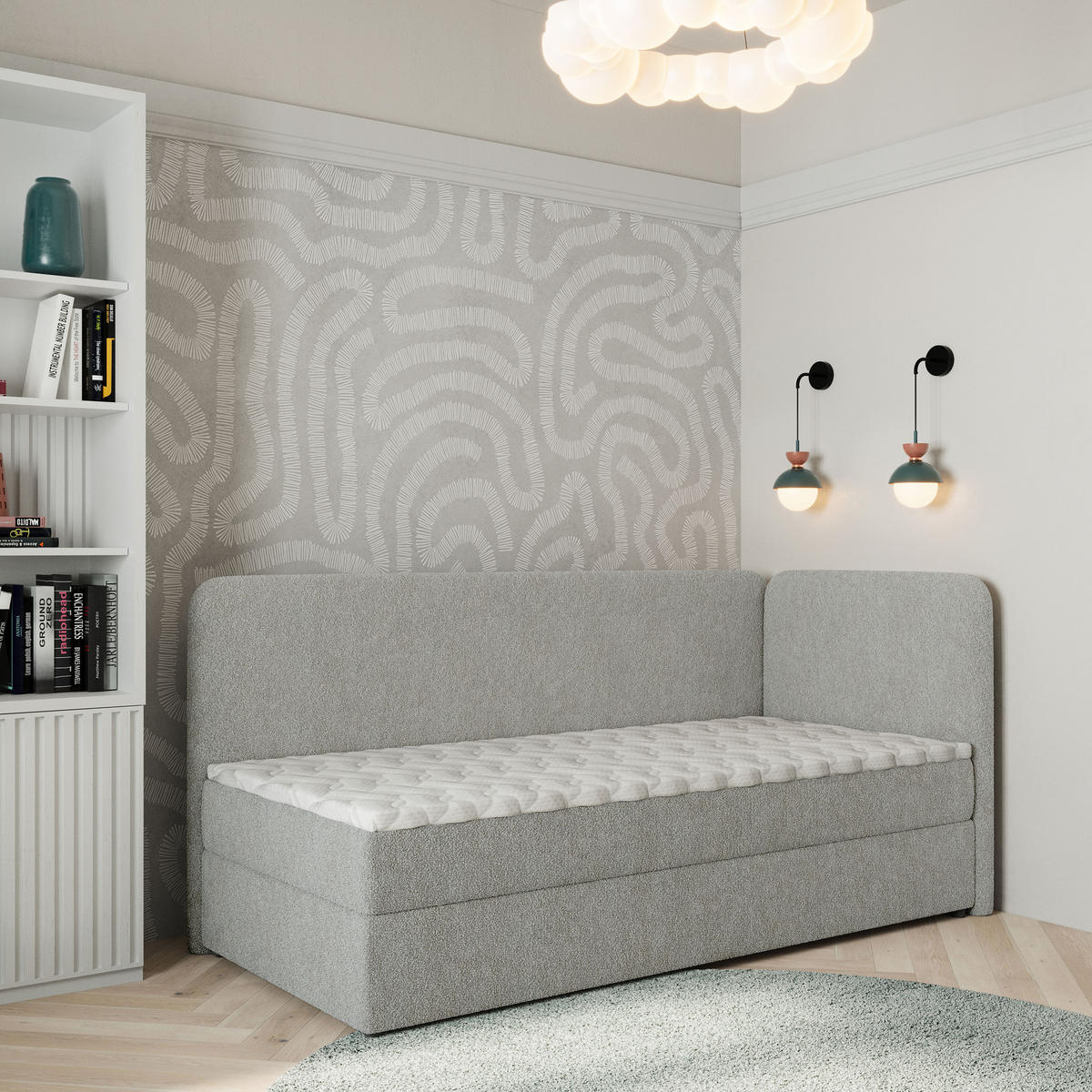 BOXBETT GINA 80x200 cm mit Matratze und Topper, H2+H3 - Hellgrau - Hellgrau, Holz (80/200cm) - MASSENO