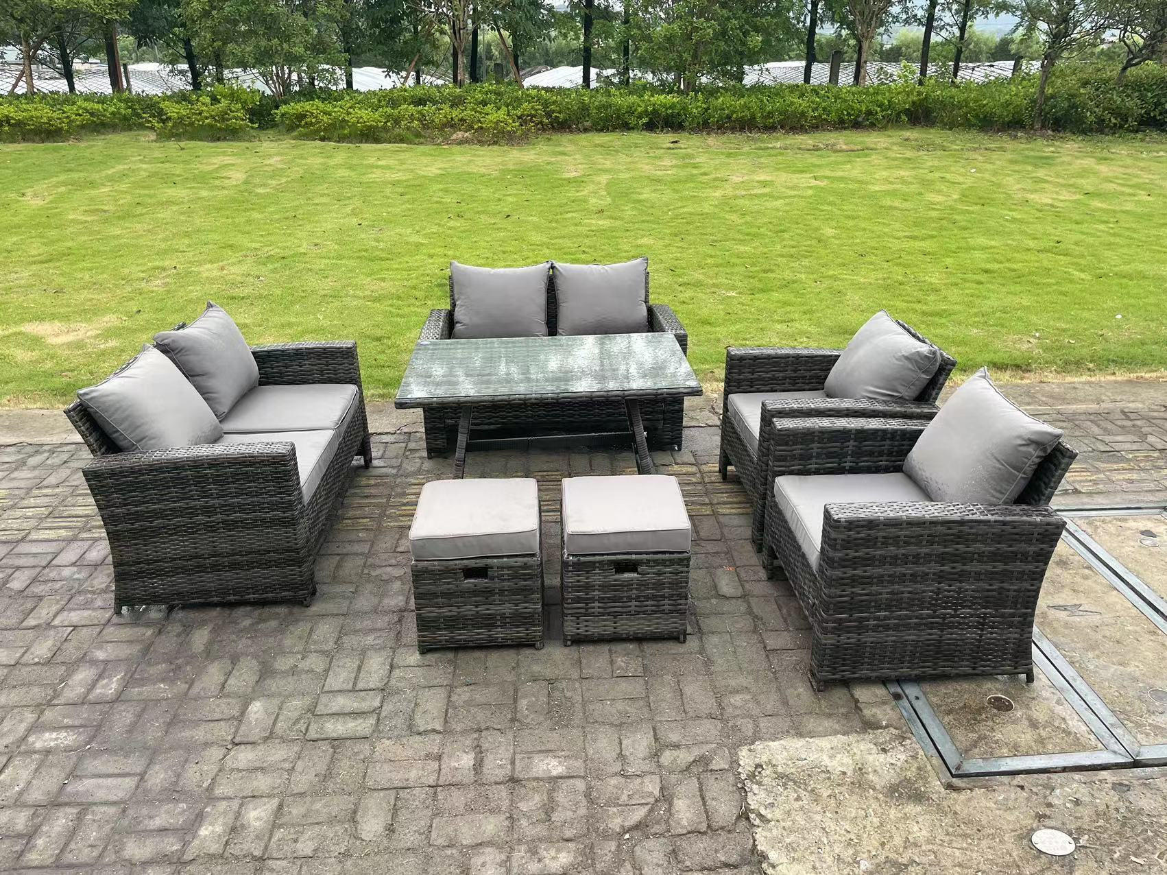 GARTENTISCHGRUPPE Polyrattan 8-Sitzer Grau - Dunkelgrau/Grau, Glas/Kunststoff - Fimous