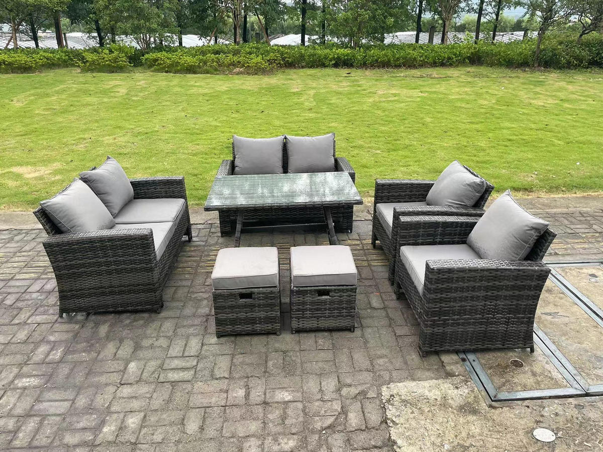 GARTENTISCHGRUPPE Polyrattan 8-Sitzer Grau - Dunkelgrau/Grau, Glas/Kunststoff - Fimous