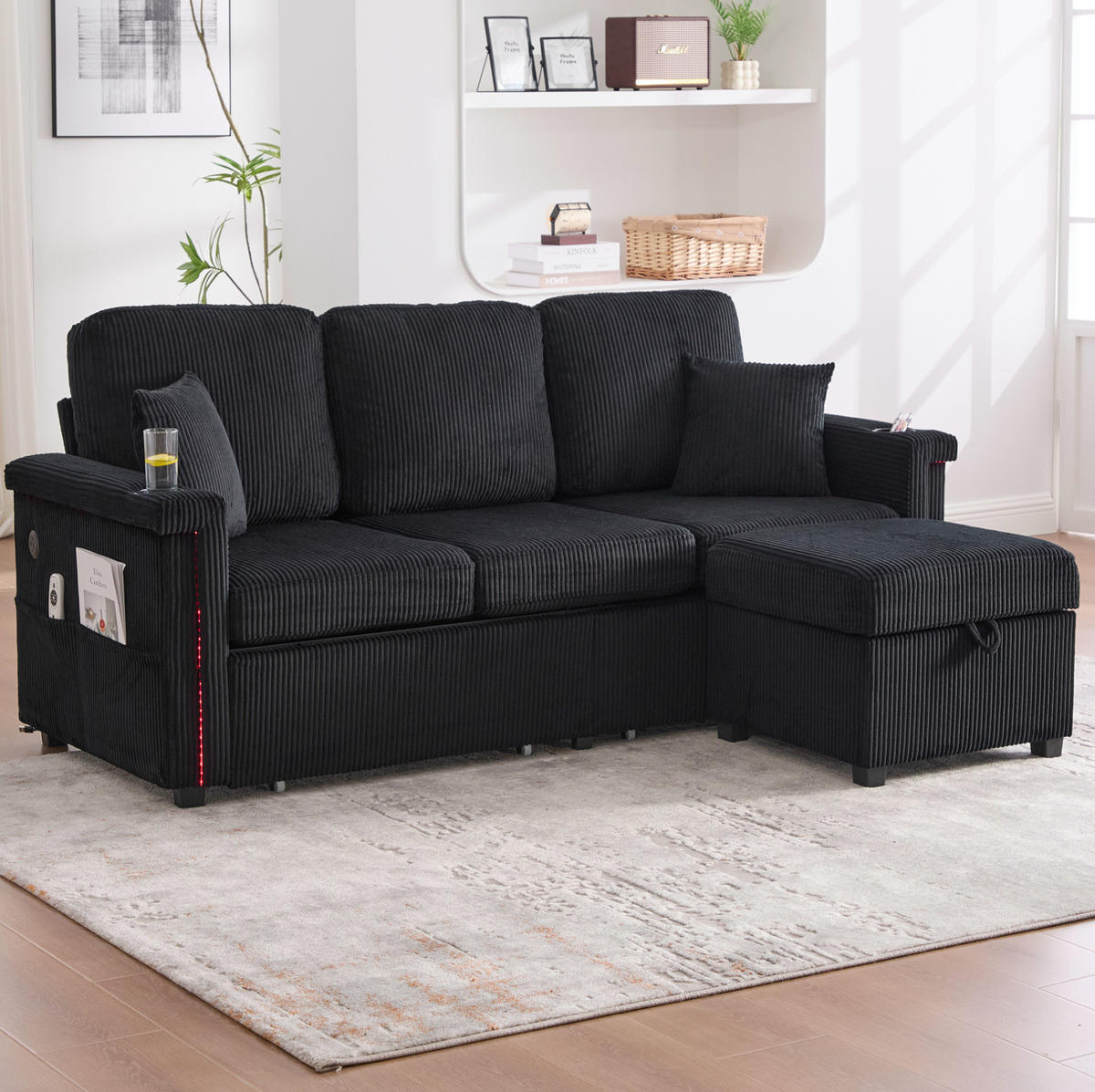 SOFA mit LED und USB/Type-C ca. 194 x 73 x 81 cm Corduroy Schwarz - Schwarz, Kunststoff (194/81/73cm) - Meubliv