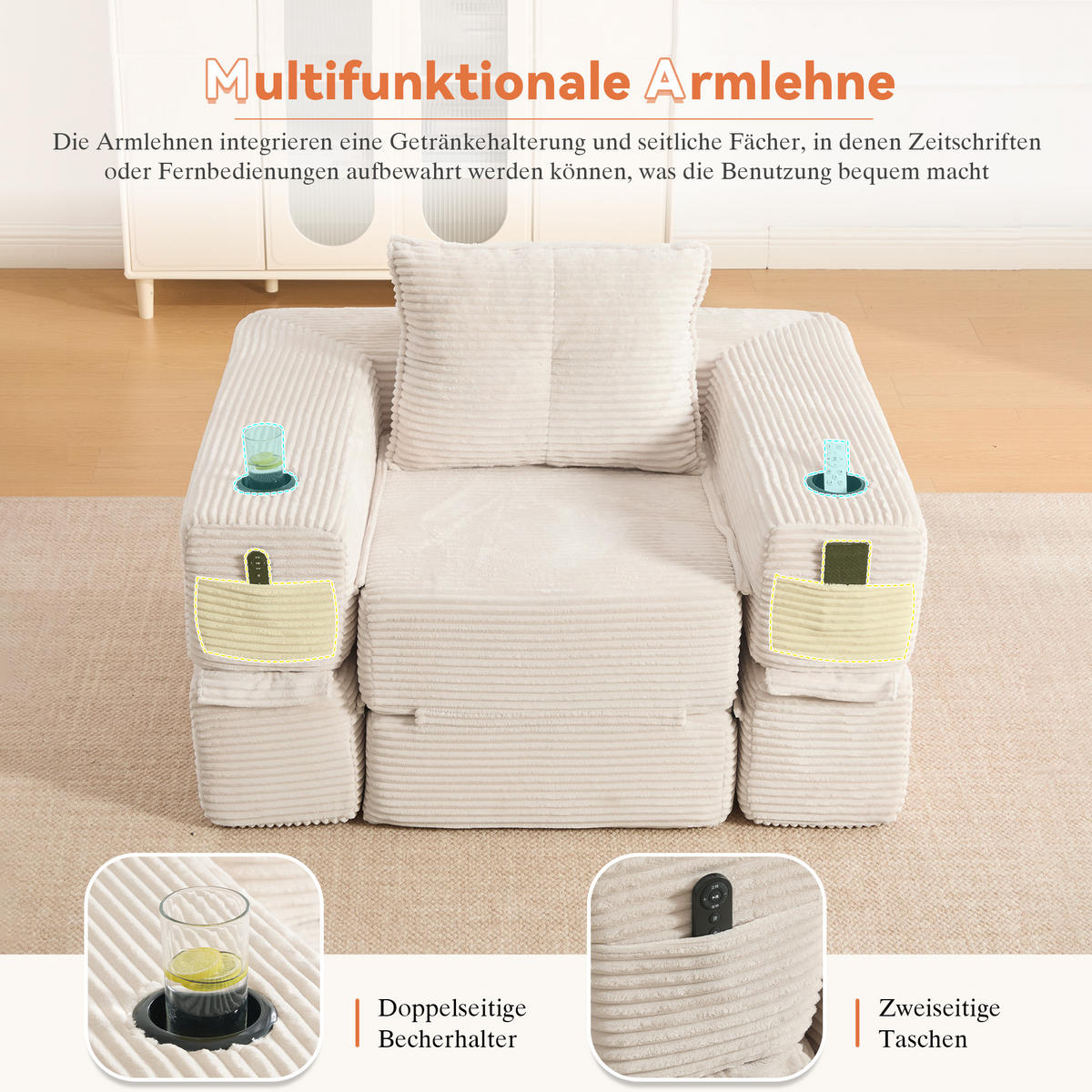 SCHLAFSOFA mit Cordbezug, Federkern, Getränkehalter und Seitentasche in Beige - Beige, Textil (122/80/98cm) - EVRYAE