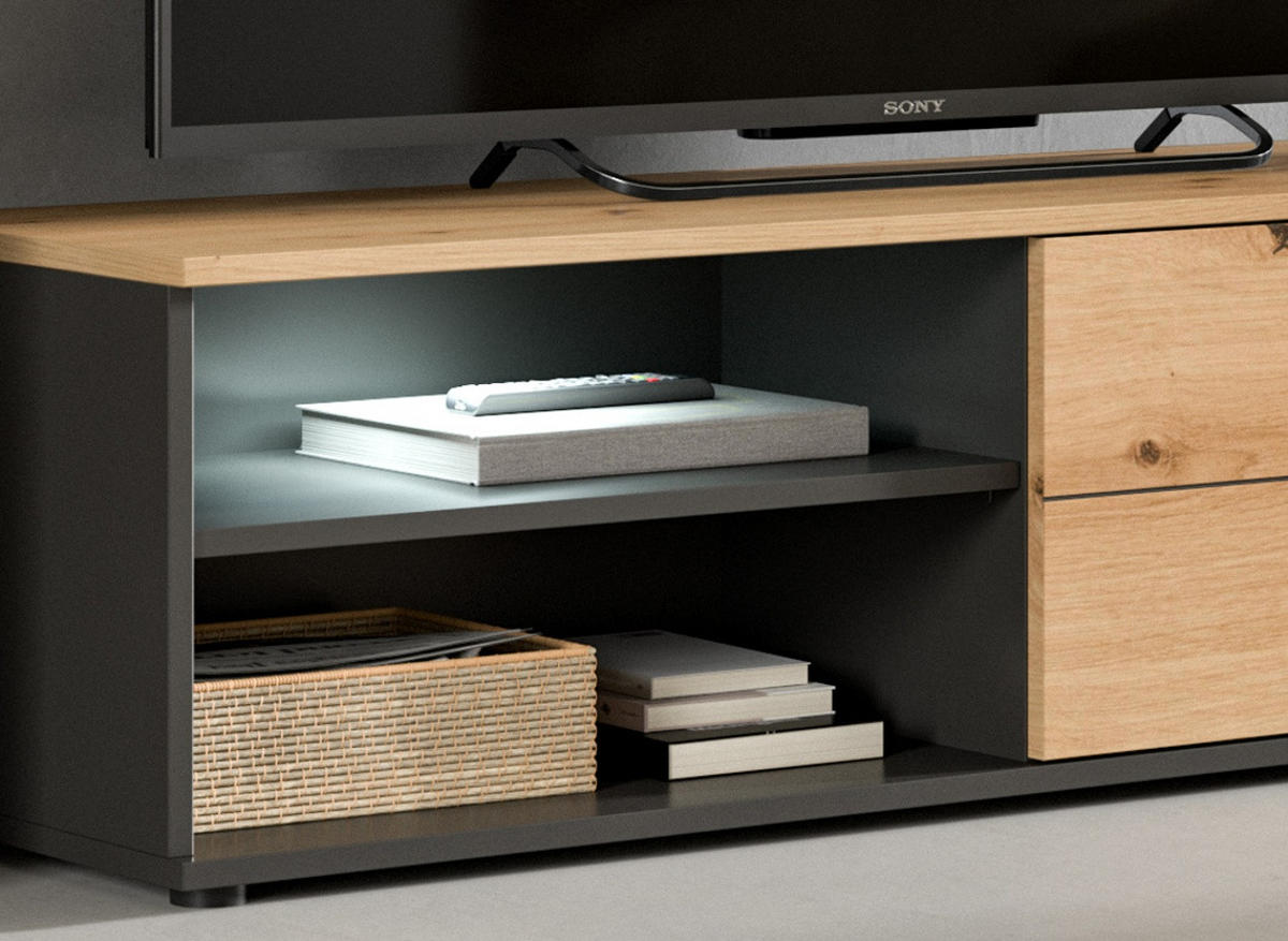 WOHNWAND Eiche Artisan, grau 4-teilig 246 cm, Schrankwand mit Soft-Close - Schwarz/Eiche Artisan, Glas/Holz (246/182/37cm) - Inn.Furn