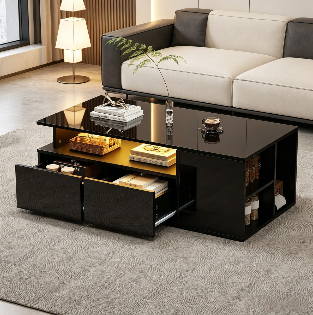COUCHTISCH 100/50/35 cm schwarz aus Spanplatte mit LED und 2 Schubladen - Schwarz, Holzwerkstoff (100/50/35cm) - OKMYHOME