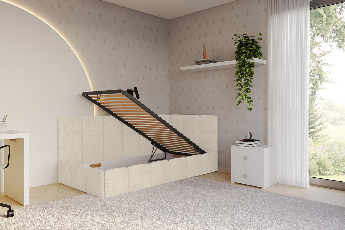 EINZELBETT Jugendbett mit Bettkasten Links, mit Matratze - LIVY 100x200 Beige - Sandfarben, Holzwerkstoff/Textil (100/200cm) - ALTDECOR