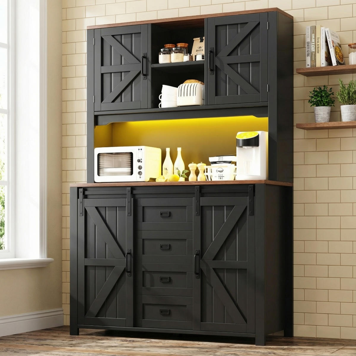 HIGHBOARD in Schwarz mit LED & Schiebetüren - Dunkelblau, Holzwerkstoff (115/174.7/40cm) - Urban Meuble