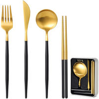 BESTECK-SET 4-teiliges Reisebesteck schwarzgold - Goldfarben, Metall