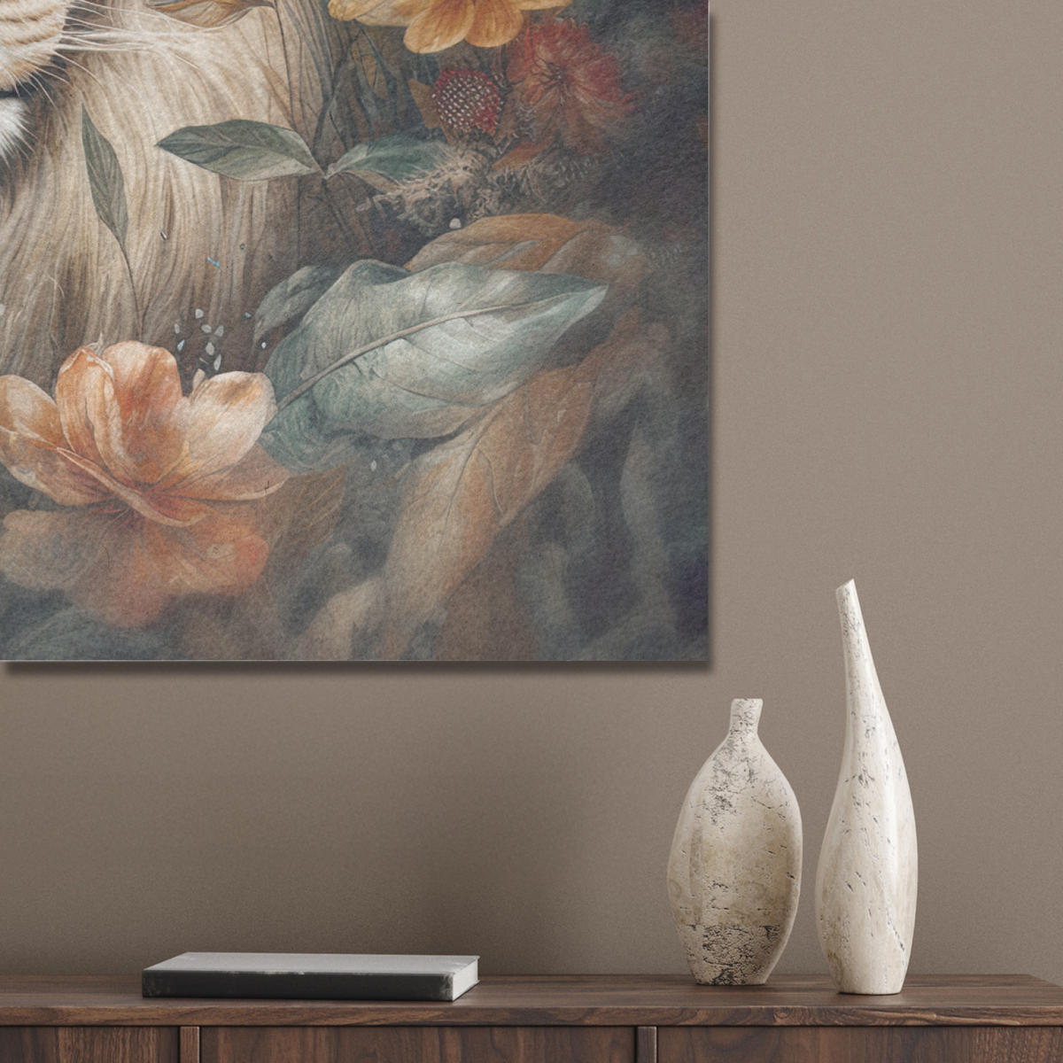 AKUSTIKPANEEL Löwe - Wildtiere - Pflanzen - Natur - Blumen 90x90 cm - Beige, Textil (90/0.9/90cm) - MuchoWow