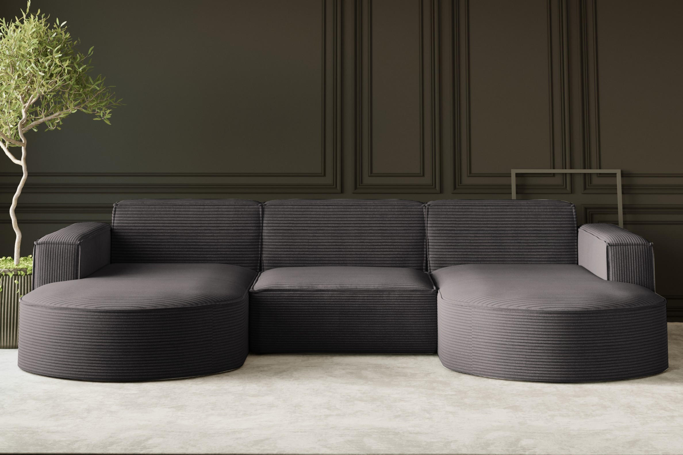 ECKSOFA Designer MODENA U STUDIO Stoff Dicker Cord Dunkelgrau - Dunkelgrau, Holz (165/299cm) - Kaiser Möbel