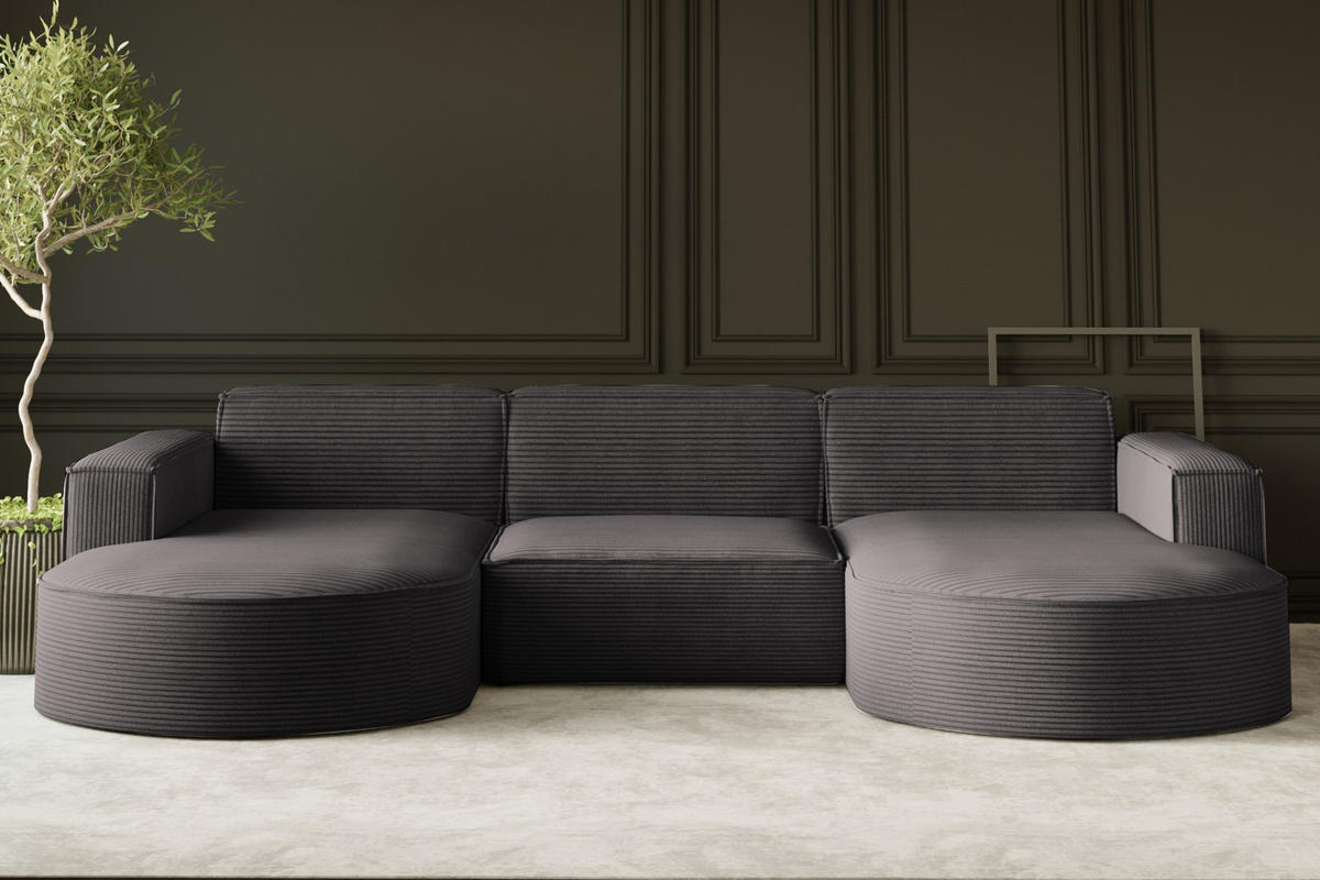 ECKSOFA Designer MODENA U STUDIO Stoff Dicker Cord Dunkelgrau - Dunkelgrau, Holz (165/299cm) - Kaiser Möbel