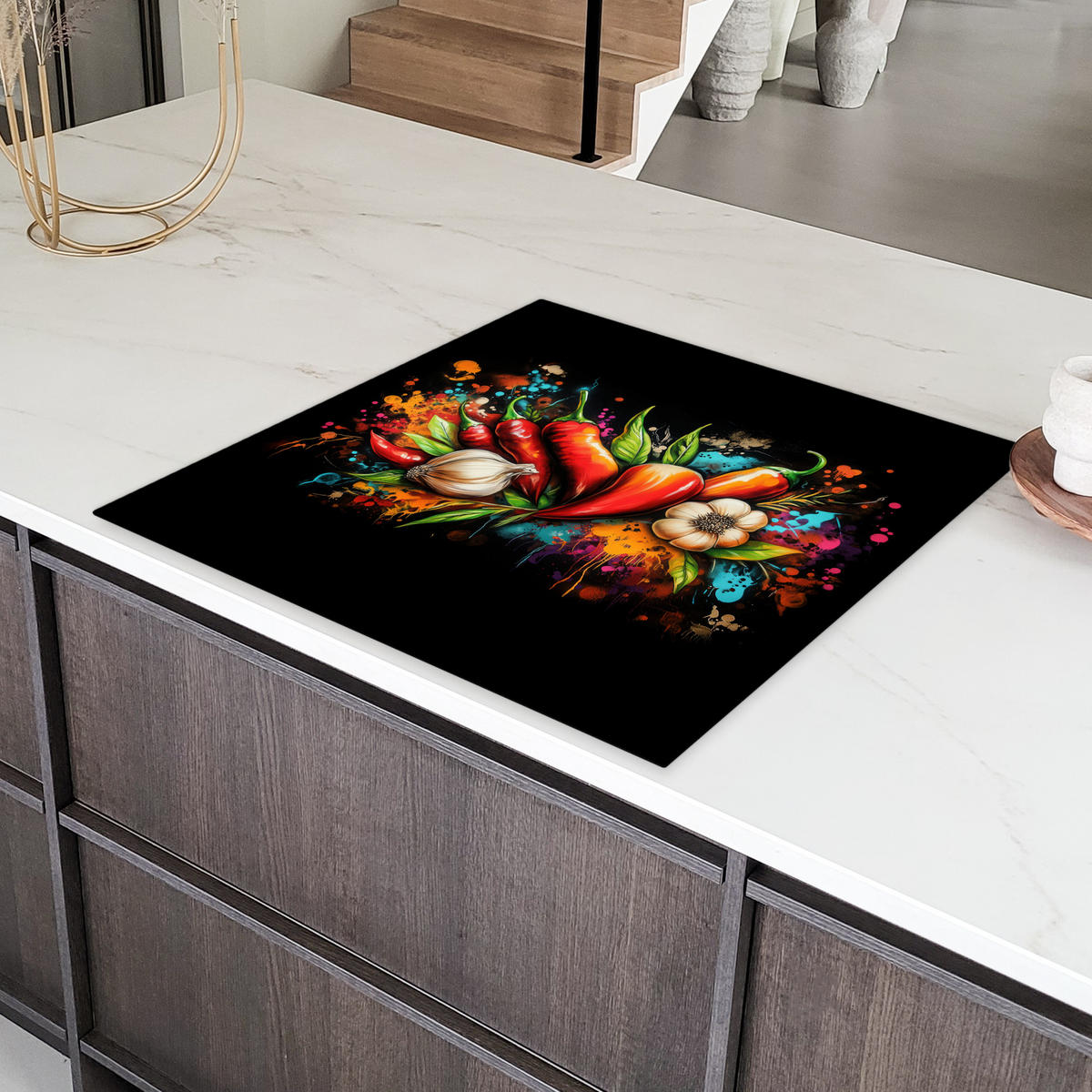 HERDABDECKPLATTE Gemüse - Paprika - Knoblauch - Graffiti - Farbe - Bunt 78x78 cm - Rot, Kunststoff (78/78/0.2cm) - MuchoWow