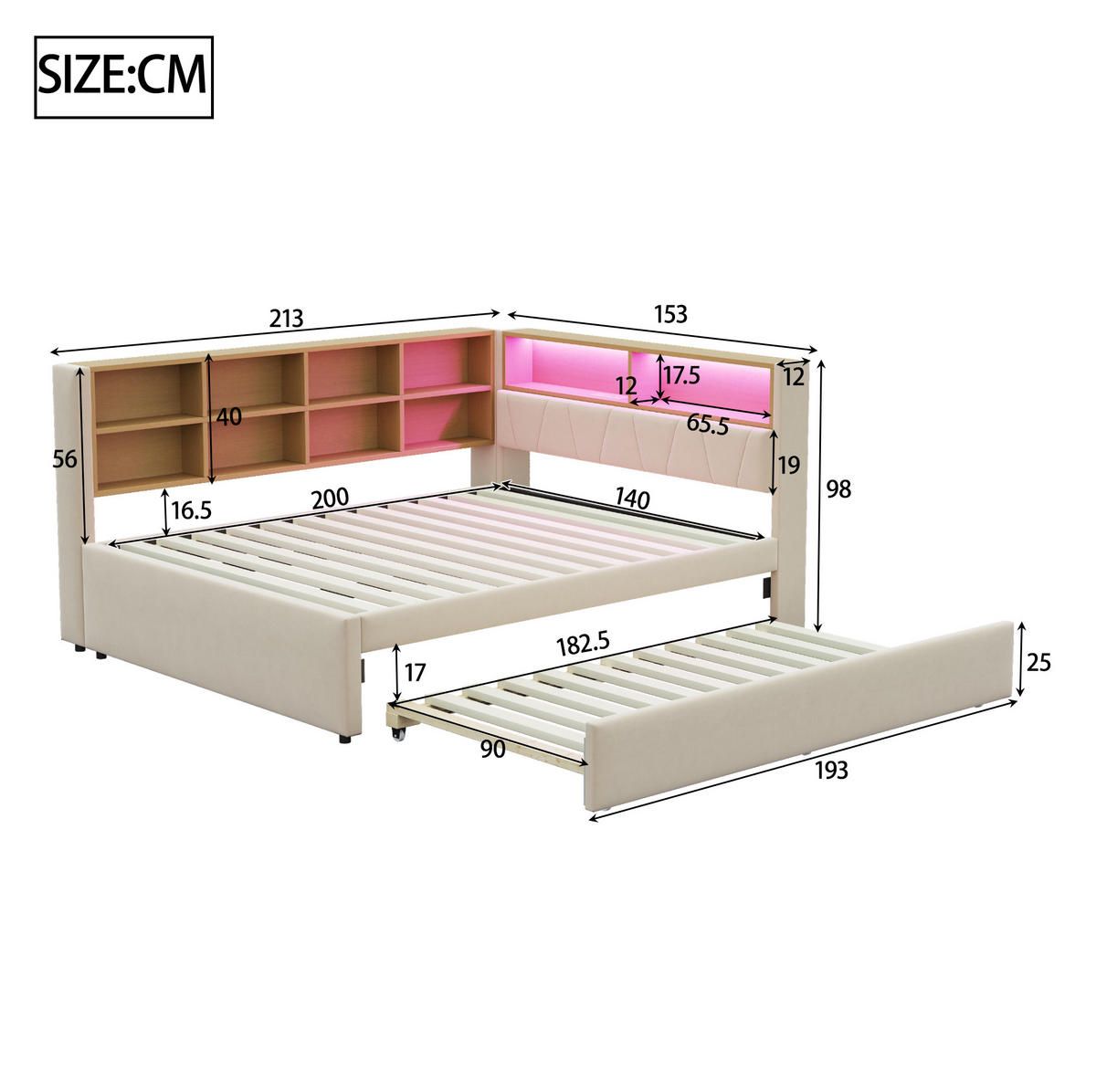 BETT 140/200 cm mit Ausziehbett 90/190 cm, Stauraum und LED - Beige, Textil (140/200cm) - BEAOK