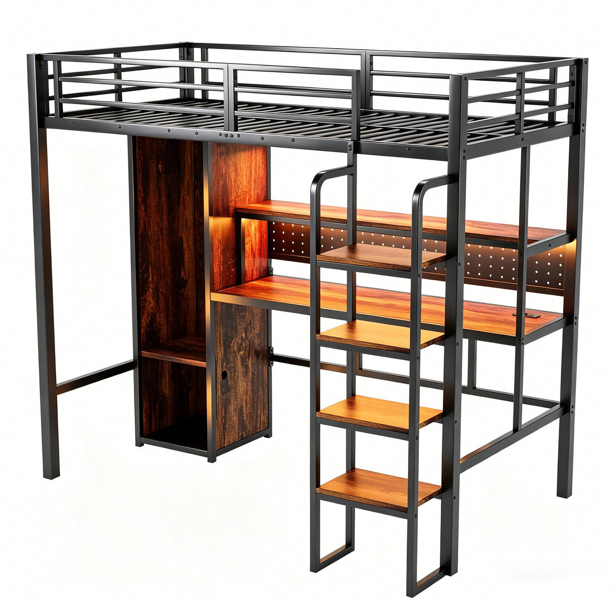 HOCHBETT 90/200 cm aus Metall und MDF mit Schreibtisch, Kleiderschrank, Regal und LED-Beleuchtung, Schwarz - Schwarz, Metall (90/200cm) - Redom