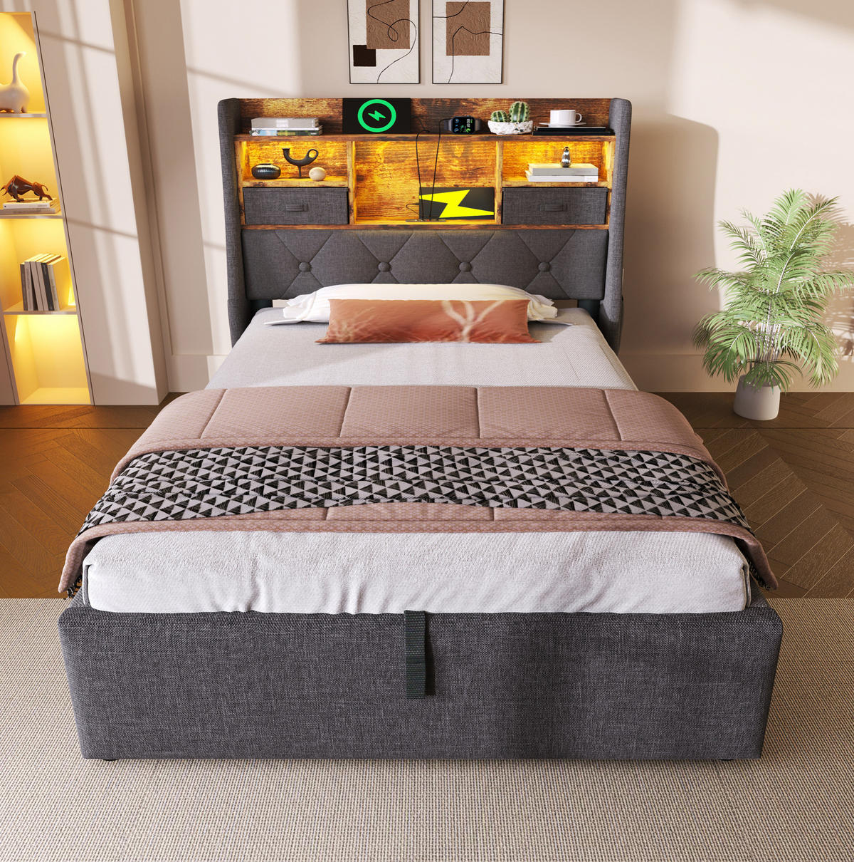 POLSTERBETT 90/200 cm Grau mit Stauraum und LED, USB- und Type-C-Anschlüssen - Grau, Textil (90/200cm) - Flora Grace