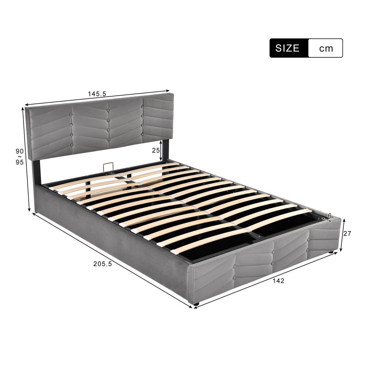 POLSTERBETT 140/200 cm grau mit hydraulischem Bettkasten und höhenverstellbarem Kopfteil - Grau, Textil (140/200cm) - OKWISH