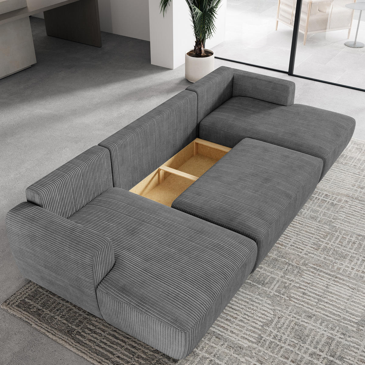 WOHNLANDSCHAFT SENTUM P Grau Kordstoff mit Schlaffunktion - Grau, Holz (330/90/148cm) - MASSENO