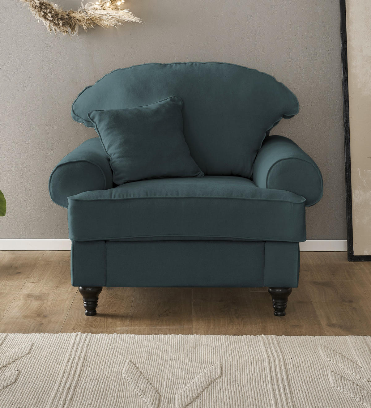 SESSEL blaugrün Landhaus, Loungesessel 110 cm - Dunkelgrün/Braun, Holz/Textil (110/95/100cm) - Furn.Design