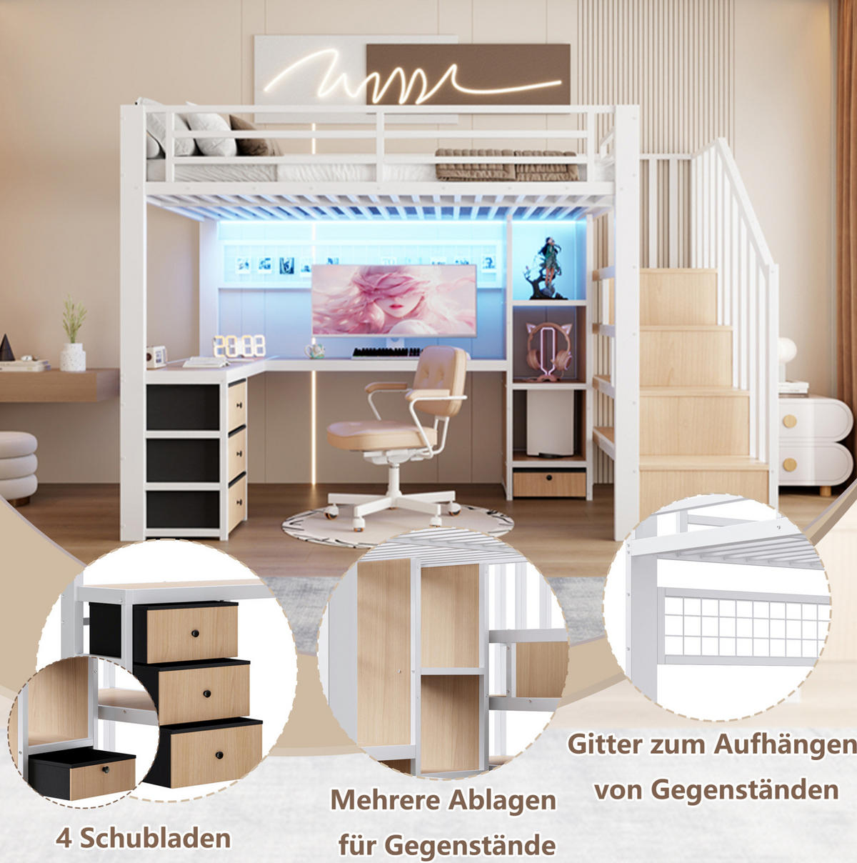 HOCHBETT 90/200 cm mit LED-Beleuchtung, Schreibtisch, Stauraumtreppe und 4 Schubladen, Metall/MDF, Weiß - Weiß, Metall (90/200cm) - Redom