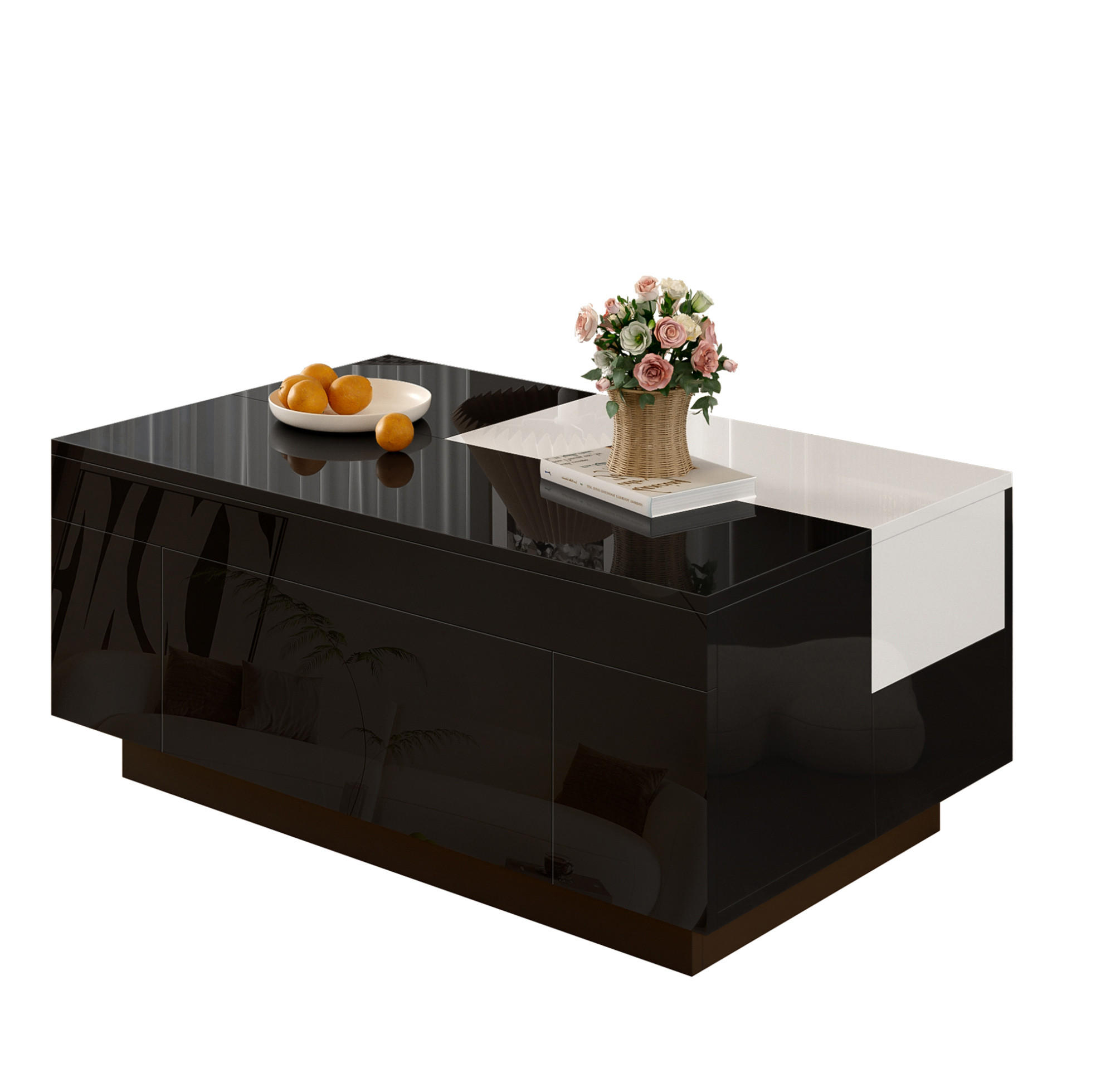 COUCHTISCH 80/50/35.5 cm schwarz-weiß aus MDF mit LED-Beleuchtung und Stauraum - Schwarz, Holzwerkstoff (80/50/35.5cm) - OKMYHOME