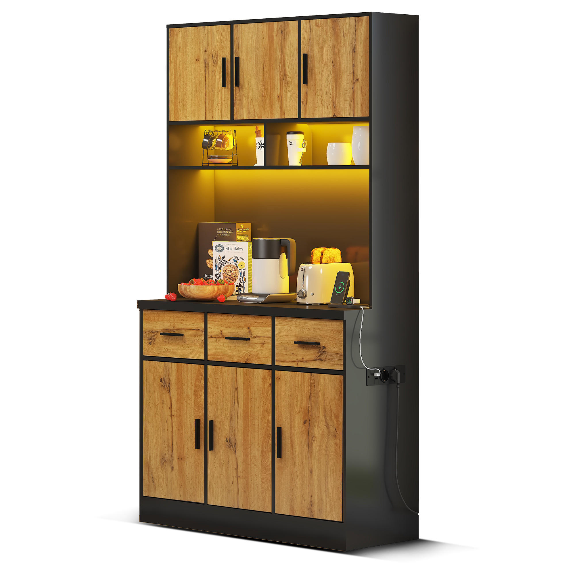 KÜCHENBUFFET mit 6 Türen, 3 Schubladen, LED-Beleuchtung und verstellbaren Einlegeböden, 100 x 40 x 180 cm, Schwarz/Natur, MDF - Schwarz, Holzwerkstoff (100/180/40cm) - SONNENH