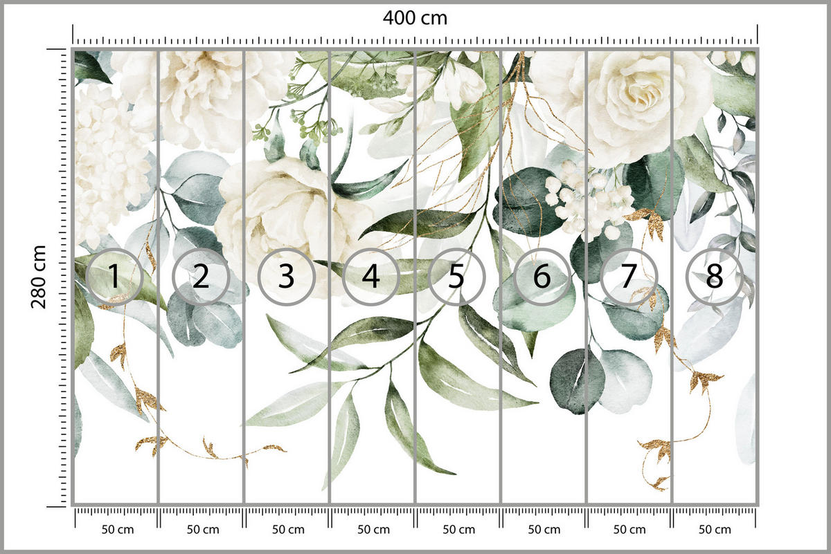 FOTOTAPETE für Schlafzimmer Aquarell Weiße Blumen Pfingstrosen Blätter Natur 400x280 - Creme/Weiß, Papier (400/280cm) - Muralo