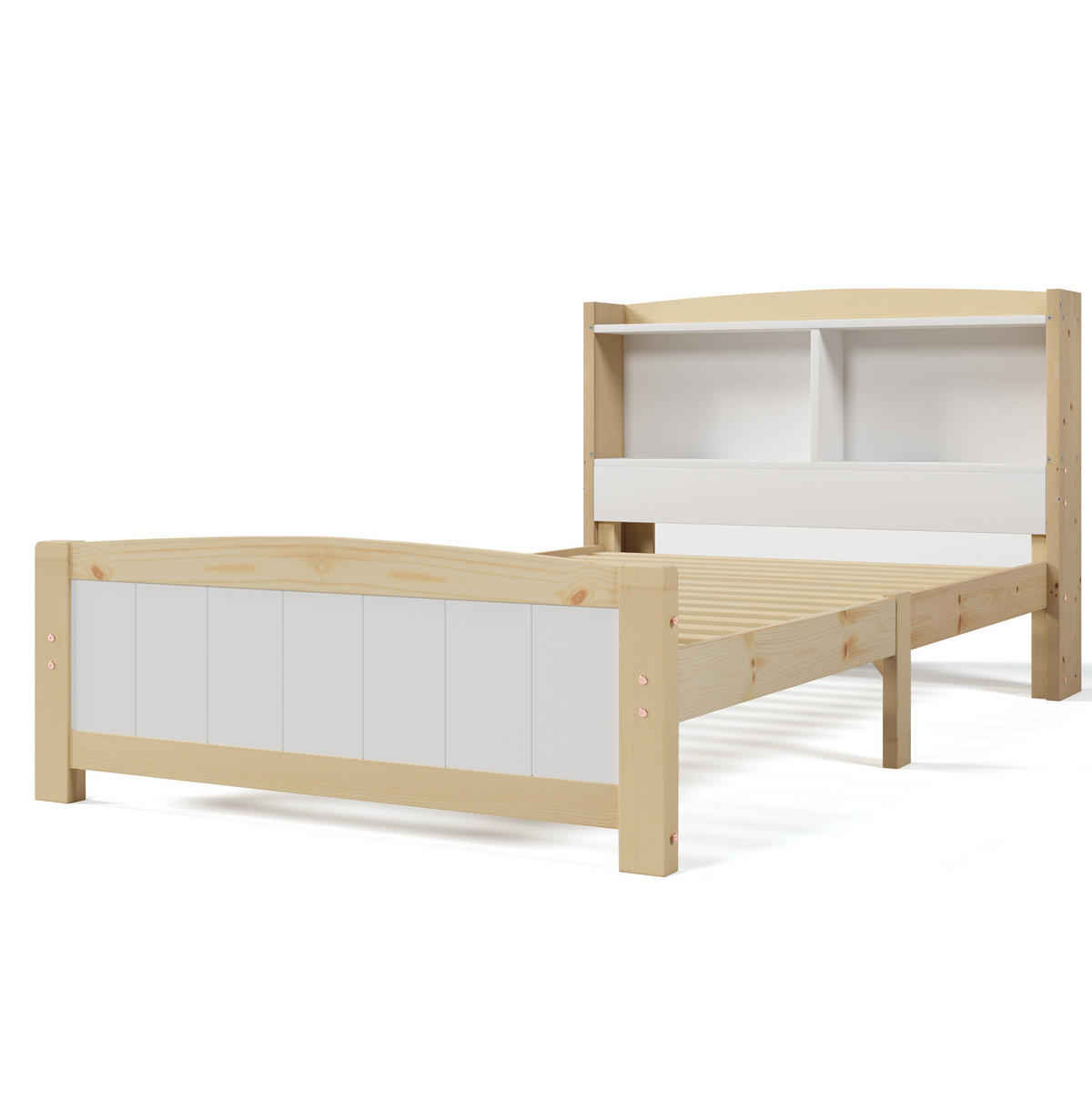 KINDEREINZELBETTEN aus Massivholz 90x200 cm in Weiß mit Stauraum-Kopfteil & Matratze - Weiß, Holz (90/200cm) - Modfu