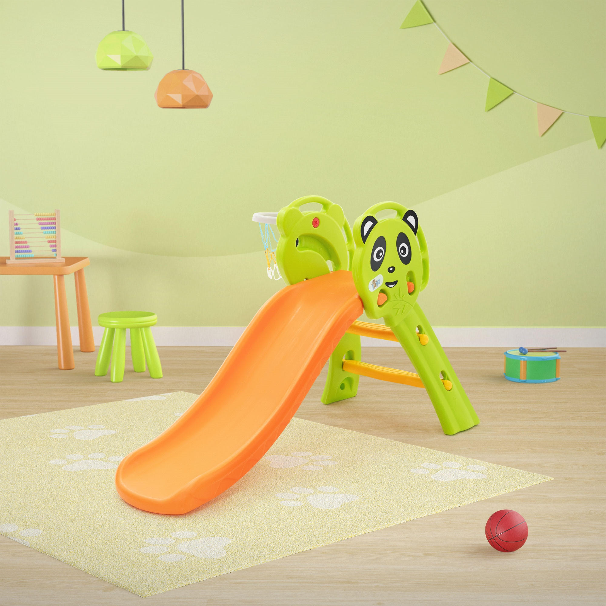 KINDERRUTSCHE 2 in 1 Kleinkinderrutsche mit Basketballkorb Grün-Orange - Orange, Kunststoff (114/87/68cm) - Joyz