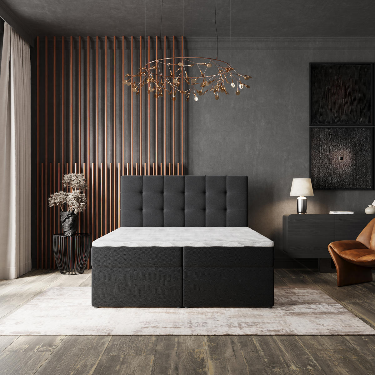 BOXBETT PALMA 160x200 cm mit Matratze und Topper, H2+H3 - Schwarz - Schwarz, Holz (160/200cm) - MASSENO