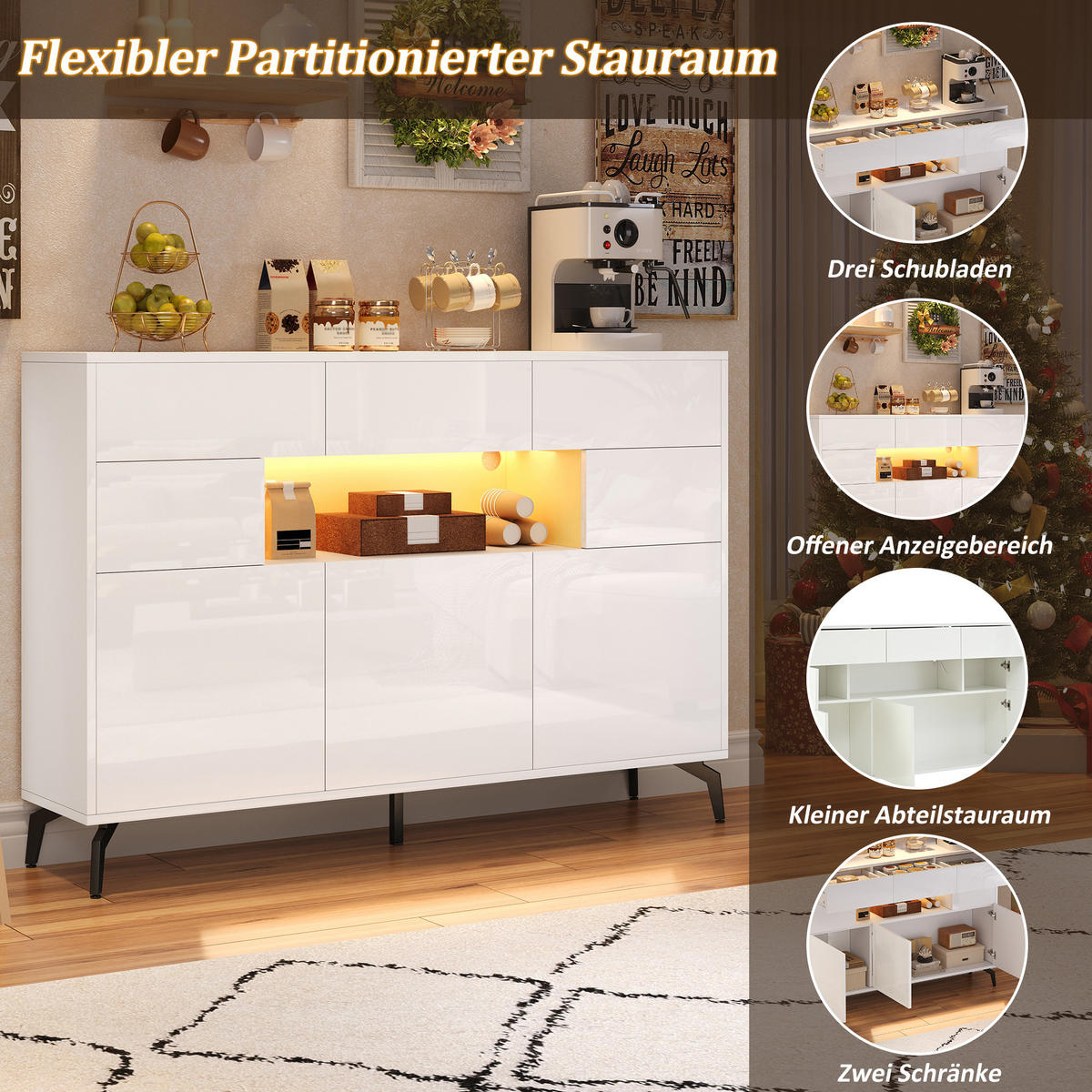 SIDEBOARD 140 cm Hochglanz-Kommode mit 3 Schubladen, 5 Schränken & LED-Lichtleiste Weiß - Weiß Hochglanz, Holzwerkstoff (140/94/30cm) - Urban Meuble