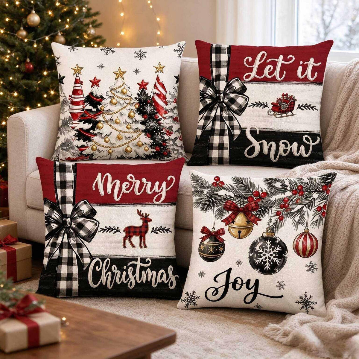 KISSENBEZUG – Weihnachtskissenbezug (Kissenfüllung nicht enthalten) – 45 x 45 cm – Multicolor(vier Stück) - Multicolor, Textil (45/45cm)