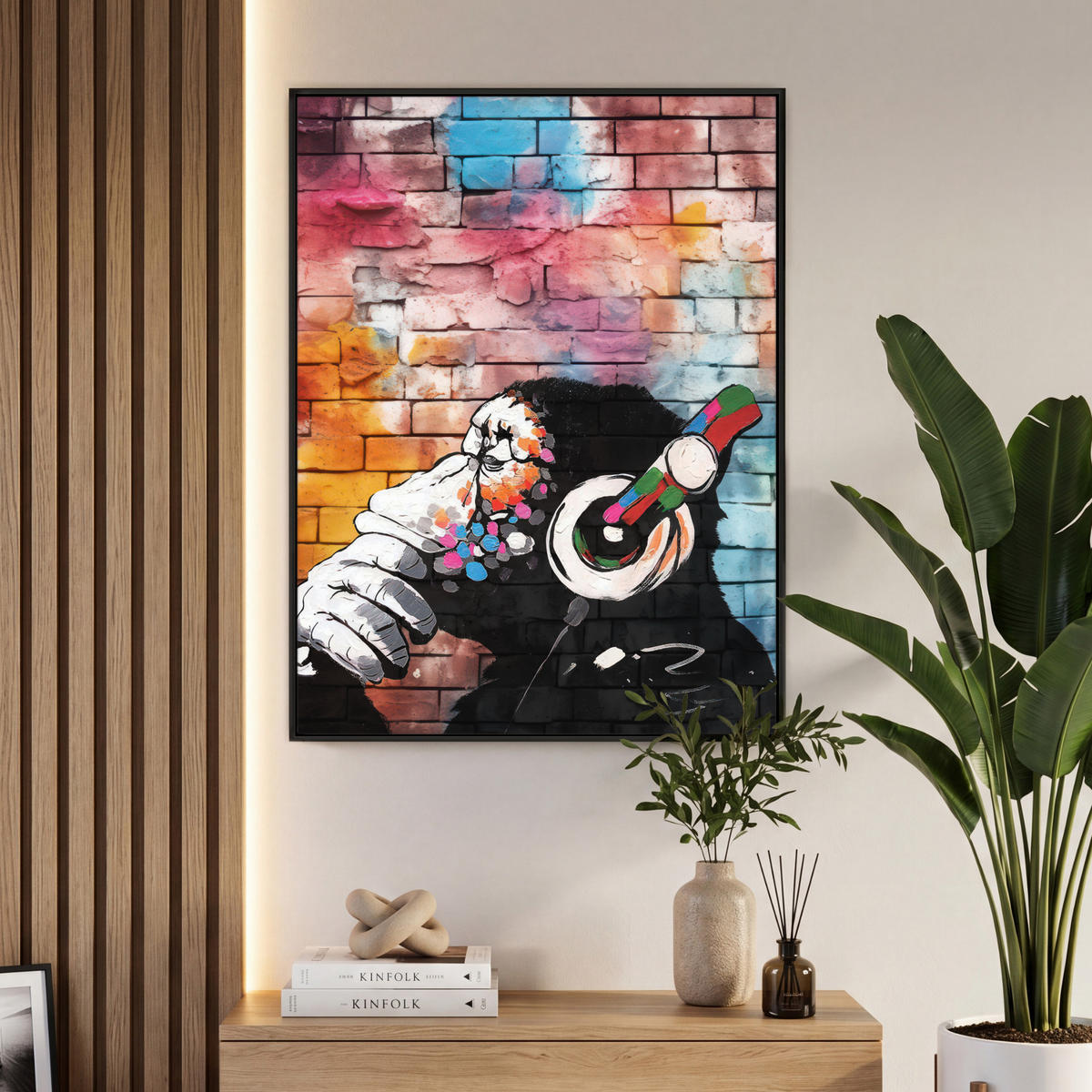 LEINWAND Bilder mit Rahmen - Affe - Graffiti - Musik - 70x100 - Multicolor, Textil (70/100cm) - MuchoWow