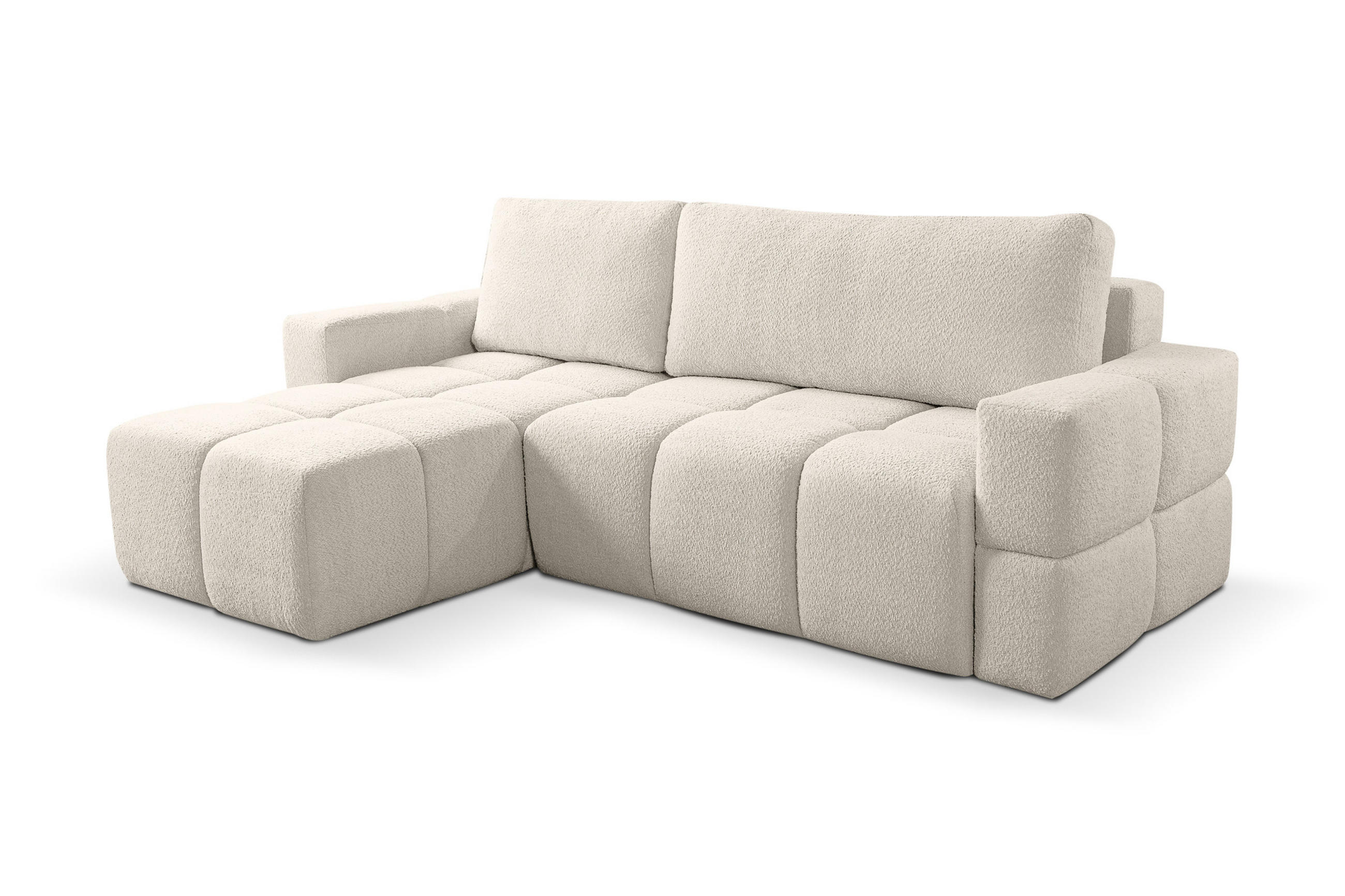 ECKSOFA LUSSO mit Schlaffunktion und Bettkasten, Farbe: Beige, Bouclé-Stoff, Ottomane Universal - Beige, Textil (255/165cm)
