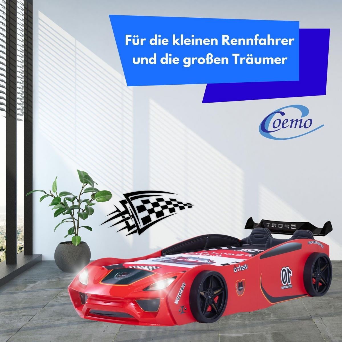 AUTOBETT VENTO SPORT in Rot Kinderbett mit Lederpolster und Lattenrost - Rot, Holzwerkstoff (90/200cm) - Coemo