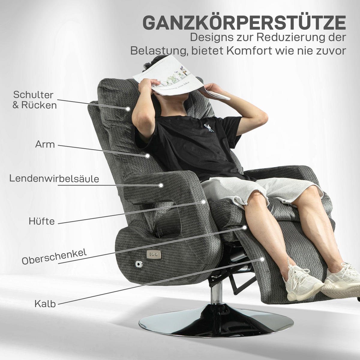 RELAXSESSEL elektrisch mit Liegefunktion, Dunkelgrau - Dunkelgrau, Textil (69/124/84cm) - HOMCOM