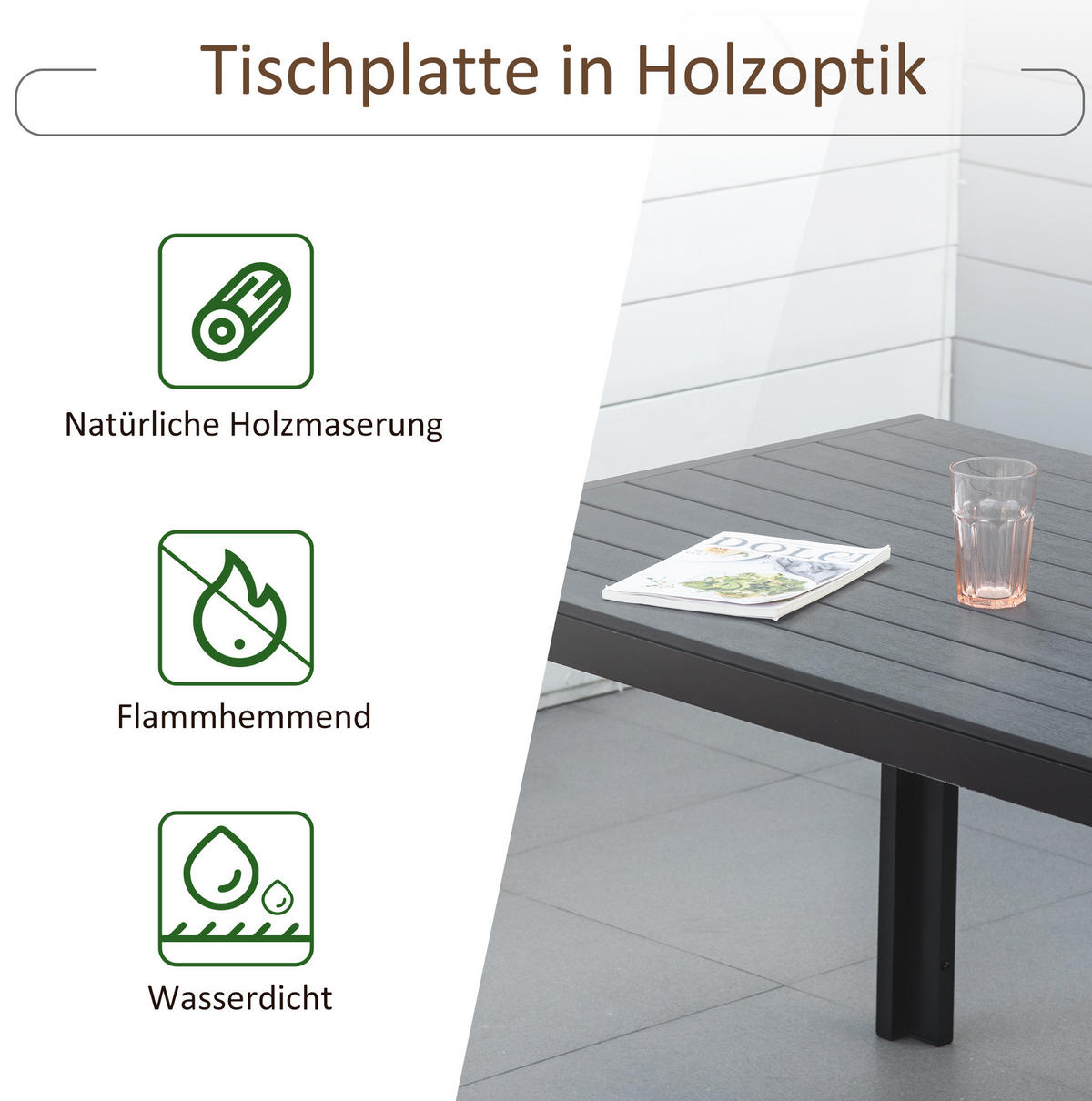GARTENTISCH 190/84,5/72 cm schwarz aus Aluminium mit WPC-Tischplatte - Schwarz, Metall (190/84.5/72cm) - OKWISH
