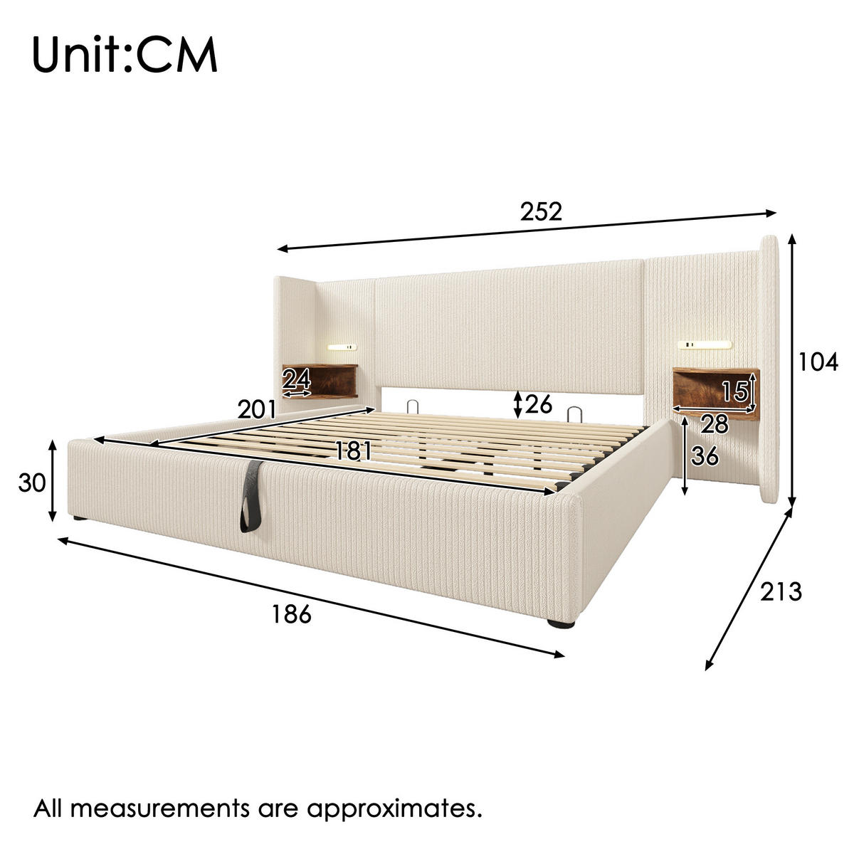 POLSTERBETT 180/200 cm Beige-Weiß mit Stauraum, Leselicht und USB- und Type-C-Anschlüssen - Beige, Textil (180/200cm) - Flora Grace