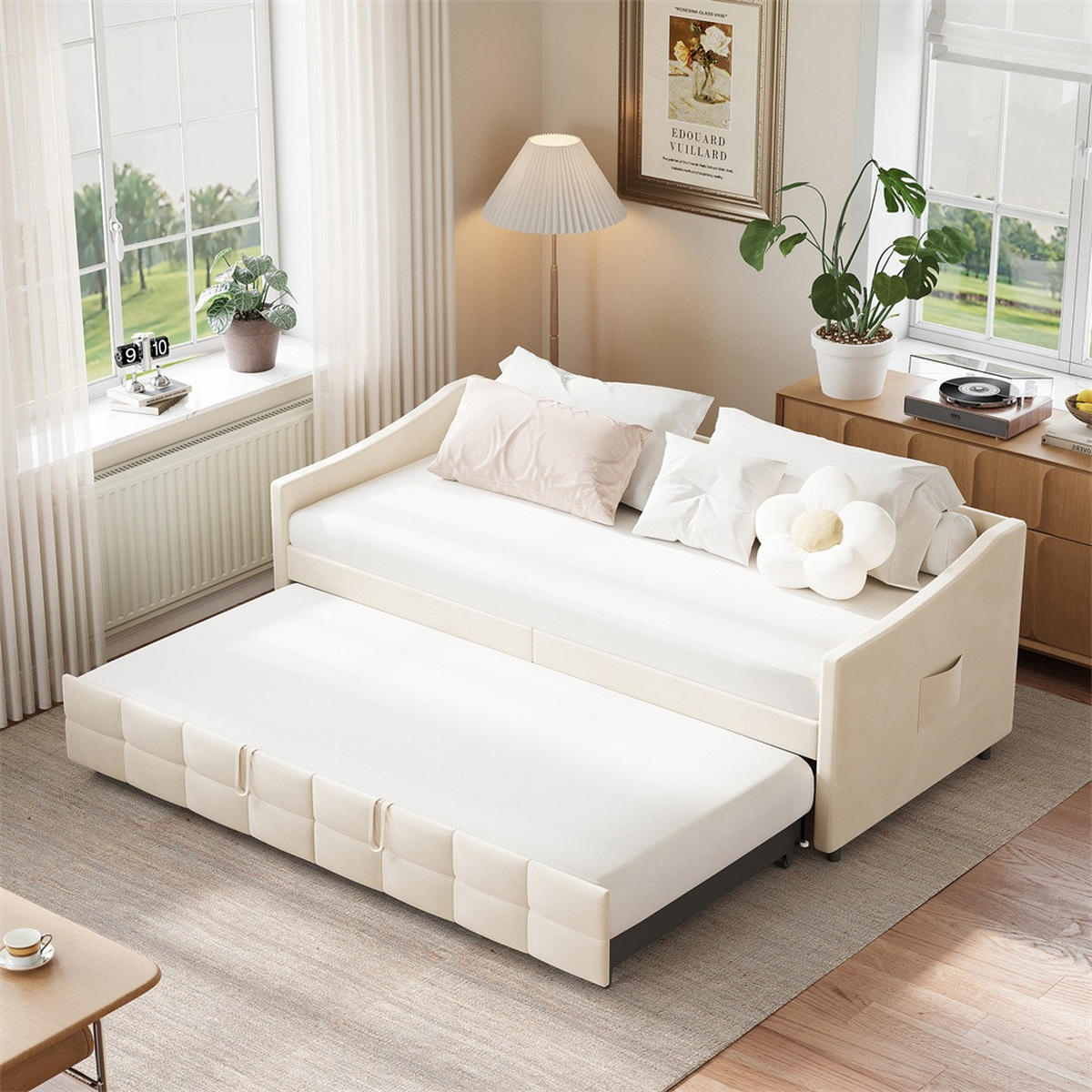 POLSTERBETT 90x200cm mit Ausziehfunktion 90x190cm - Doppelbett 90x200cm&90x190cm - ohne Matratze - Creme - Creme, Textil (90/200cm) - DELFA