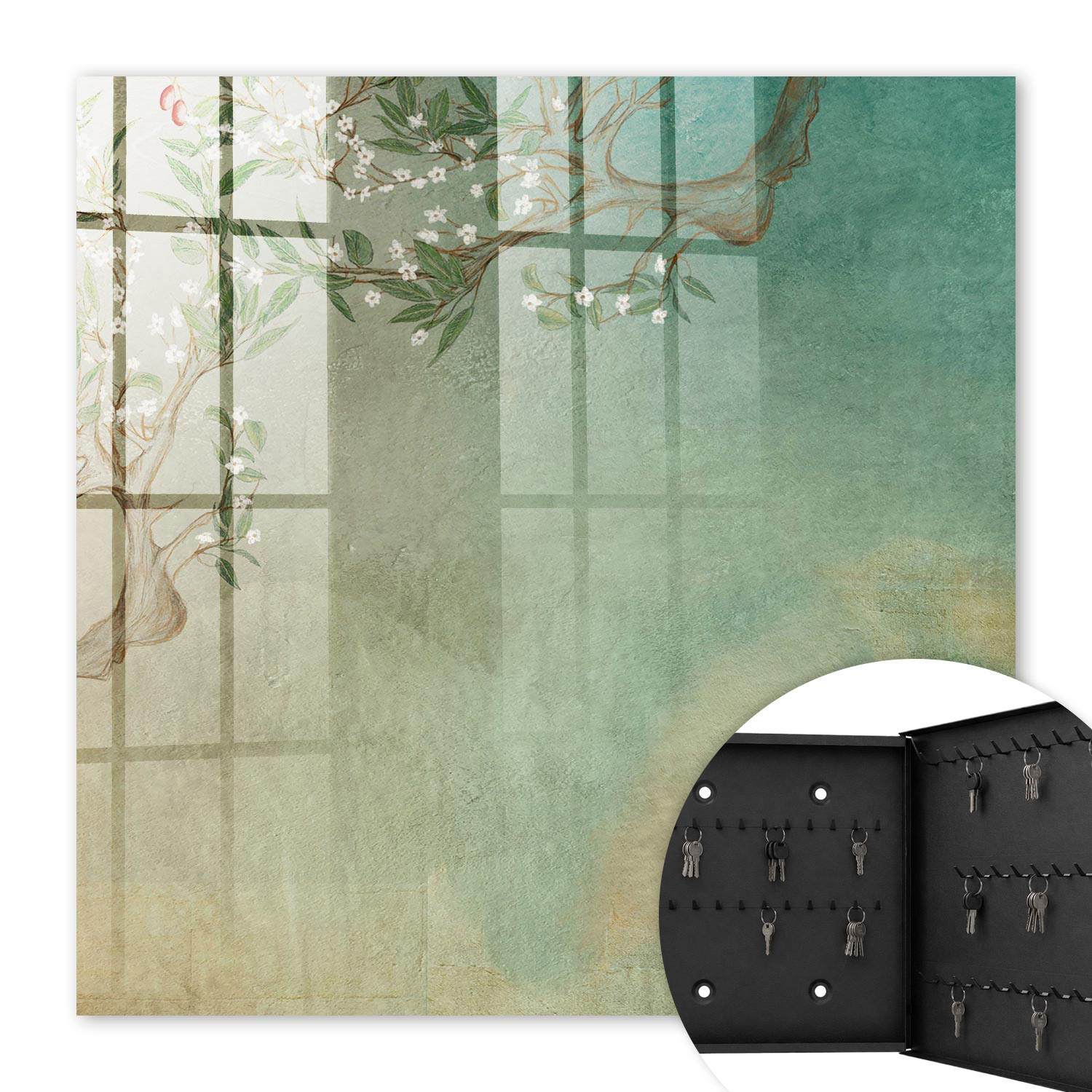 SCHLÜSSELBOX Schwarz 30x30 cm- Türöffnung nach rechts - Blühender Baum - Türkis, Metall (30/30/5cm) - TULUP
