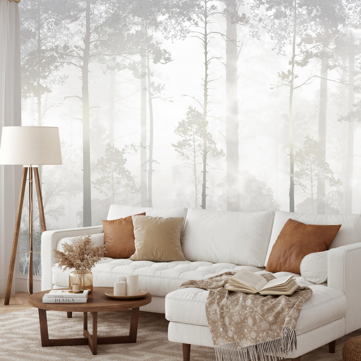 FOTOTAPETE für Schlafzimmer Nebliger Wald Bäume Sträucher Mystik 300x210 - Beige/Weiß, Papier (300/210cm) - Muralo