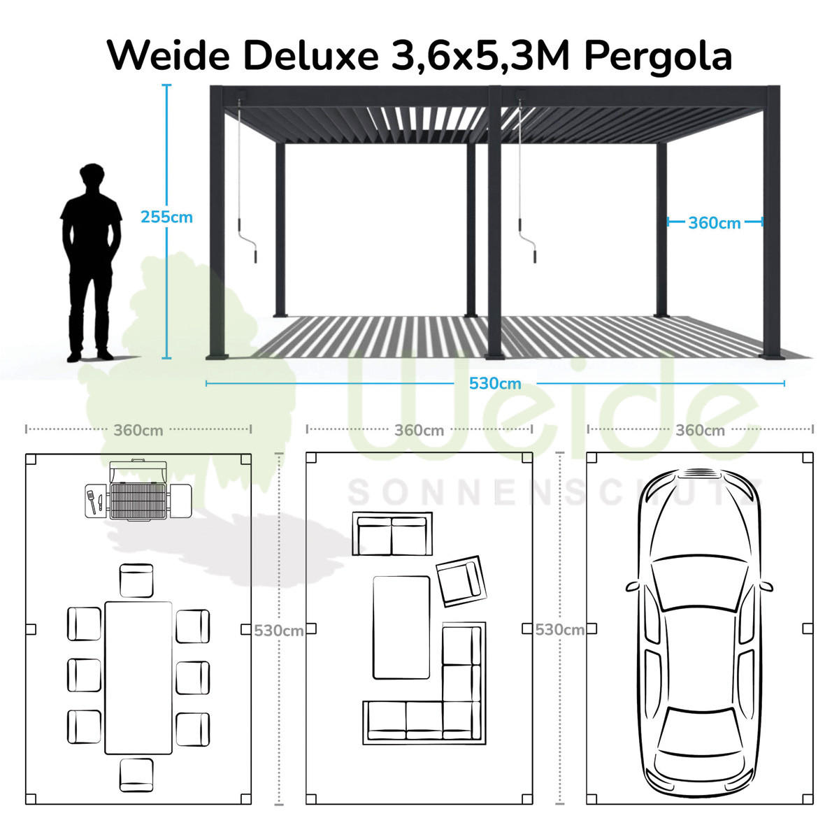 PERGOLA Deluxe Pavillon Terrassenüberdachung Aluminium 3,6 x 5,3 m anthrazit - Anthrazit, Metall (360/255/530cm) - WEIDE