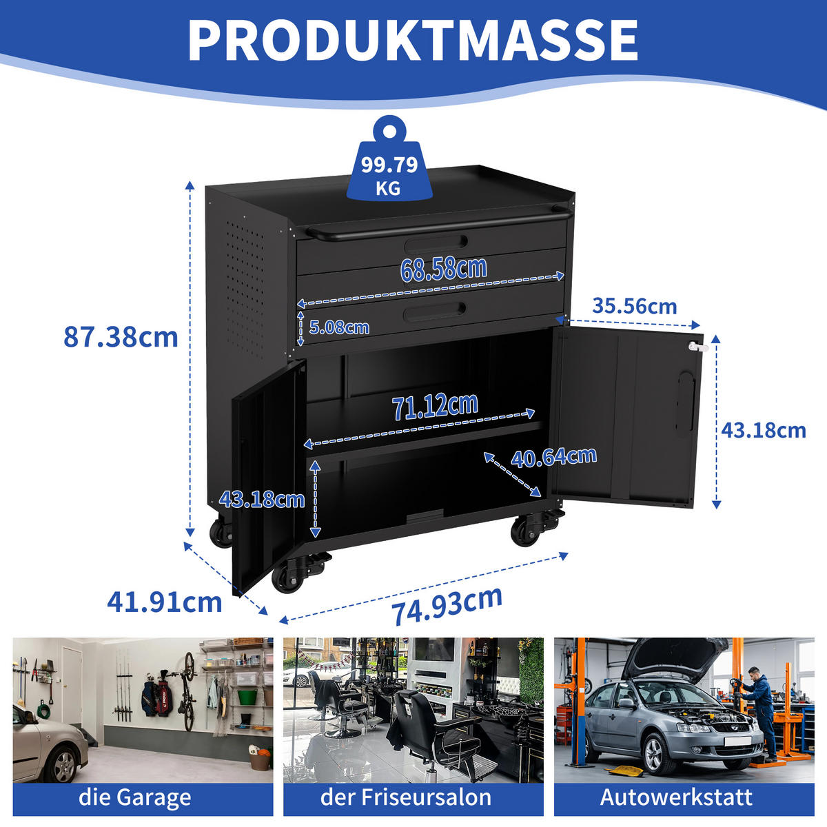KOMBINATIONSMÖBEL – 87,3 cm (H) × 75 cm (B) × 42 cm (T), ausgestattet mit einer abschließbaren Schranktür und 3 Schubladen. - Schwarz, Metall (42/87.3/75cm) - DCA