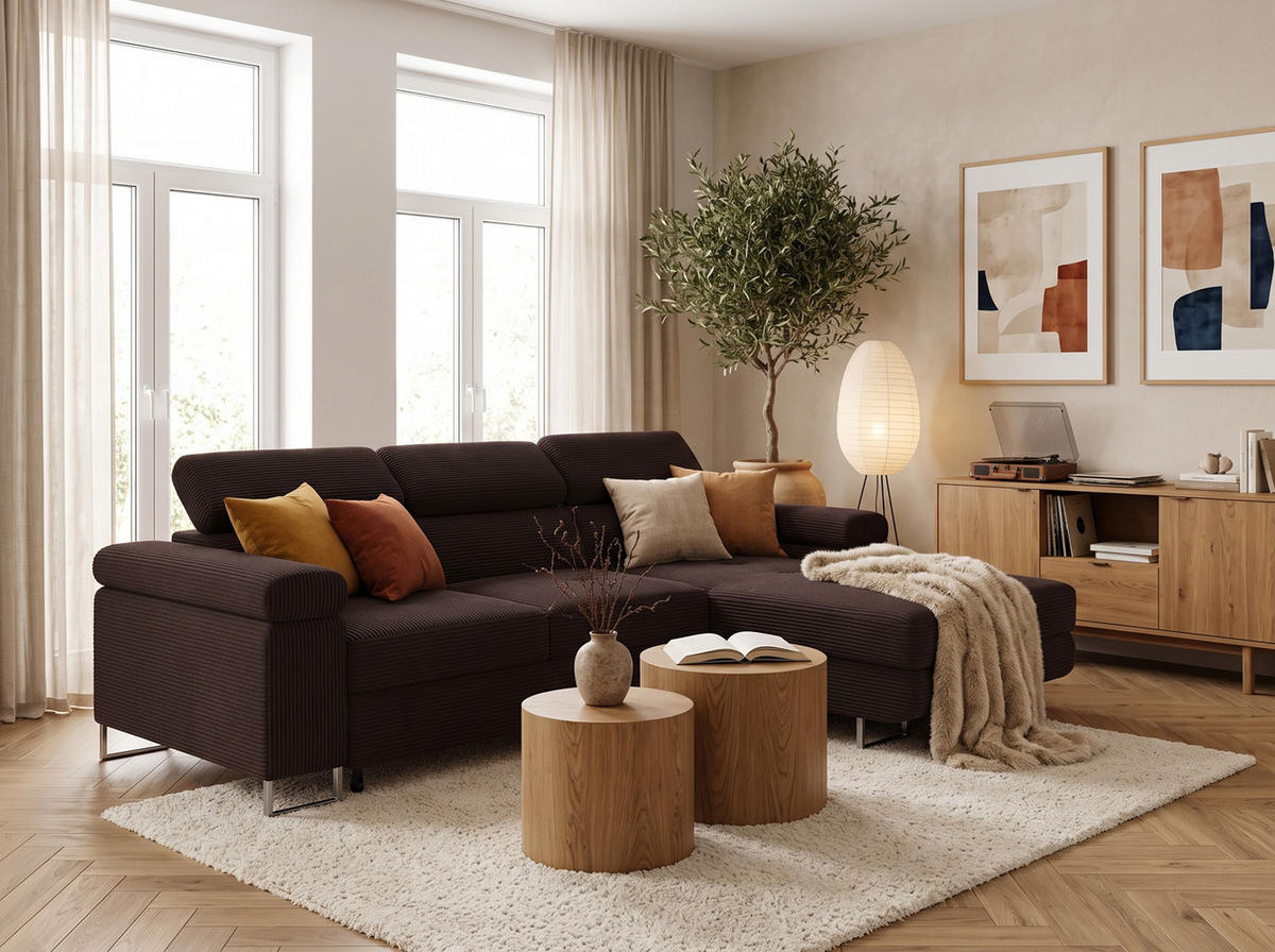 ECKSOFA VEMO MINI Rechts Braun Cord-Stoff Kompakter Komfort für Wohnräume - Braun, Textil (175/235cm) - Barchello