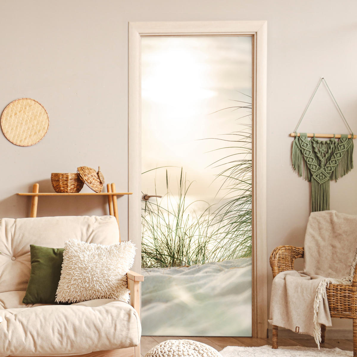 NALJEPNICA ZA VRATA Trava na dinama 95x235 cm - boje pijeska, plastika (95/0.1cm) - MuchoWow