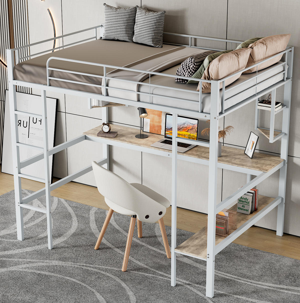 HOCHBETT 90/200 cm aus Metall mit Schreibtisch und Regal Weiß - Weiß, Metall (90/200cm) - Modenvie