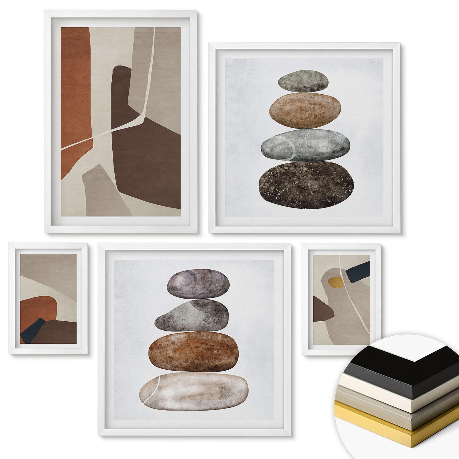 WANDBILDER 5er-Set - 50x50 cm & 20x30 cm & 40x60 cm Weißer Rahmen - Abstrakte Boho-Formen - Weiß, Kunststoff (40/60cm) - ArtPrintCave