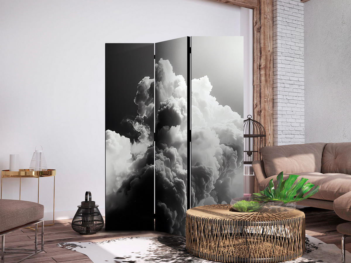 PARAVENT Akustik 3-tlg 135x172 cm Wolken im Schwarz-Wei - Schwarz, Holz/Textil (135/172/3cm) - Muralo